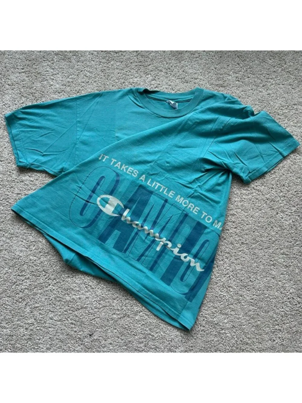 Vintage 90s Champion Logo Big Print T-Shirt Turquoise Blue XL Sporty Athletic - Picture 2 of 6